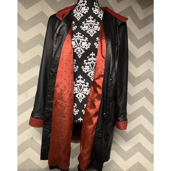 Vintage Black Leather Long Woman’s Jacket Red Lining Kircilar Lg Preppy Princes - Picture 2 of 8